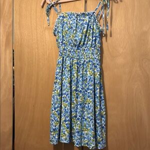 Floral Blue and Green Women's Dress with ruching and ties on top